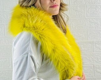 Yellow fluffy warm fox fur collar scarf , detachable luxury fur wrap, soft elegant fur stole