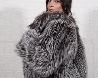Real Silver Fox Fur Jacket Full Skin Women Luxury Handmade Genuine Winter Coat with Collar Gift for Her