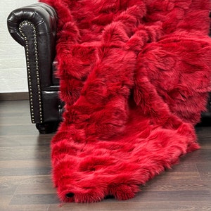 Gorgeous fox fur throw blanket red, Personalized genuine handcrafted warmth for home, Organically and ethically farmed fox fur