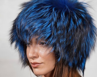 Elegant Real Fox Fur Hat Black Blue - Handcrafted Elegance for Winter Chic - Ethically and Organically Farmed Fox Fur