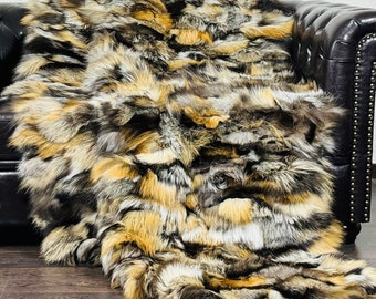 Elegant fox fur throw blanket natural cross, Personalized genuine handcrafted warmth for home, Organically and ethically farmed fox fur