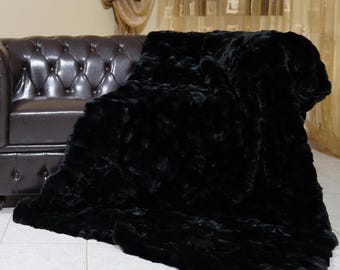 Luxurious black rex rabbit fur blanket ultra soft handmade real fur throw for bed or sofa housewarming gift