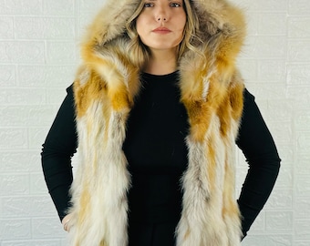 Luxurious Red Canadian Fox Fur Vest Hooded - Luxurious Winter Coat - Handcrafted Elegant Outerwear - Ethically and Organically Fox Fur