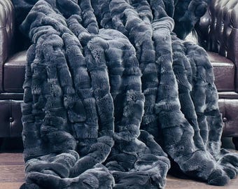 Double Sided real fur rex rabbit throw blanket dark gray color handmade bedspread fur rug for living room and bed decor