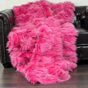 Luxe fox fur throw blanket fuchsia, Personalized genuine handcrafted warmth for home, Organically and ethically farmed fox fur