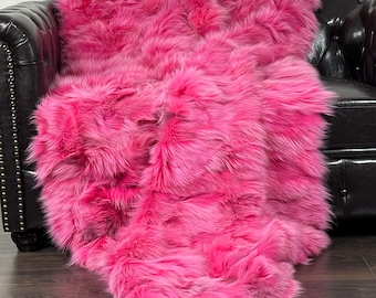 Luxe fox fur throw blanket fuchsia, Personalized genuine handcrafted warmth for home, Organically and ethically farmed fox fur