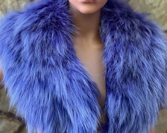 Gorgeous fox fur collar scarf purple, warm fluffy fur wrap, detachable soft fur stole