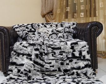 DOUBLE SIDED Fur real chinchilla print rex rabbit fur throw blanket fur large area rug ethically fur scandinavian decor