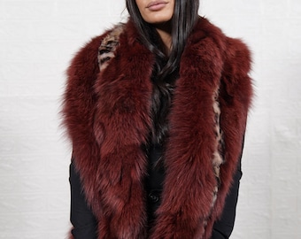 Red Fox Fur Collar Scarf with Leopard Rabbit Middle Stripe • Oversized Luxury Wrap Shawl • Handmade Statement Accessory