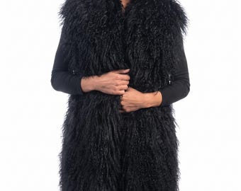 Mongolian sheepskin wool scarf black long fluffy luxury winter wrap women