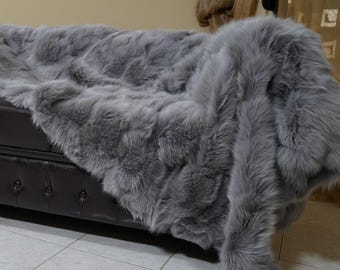 Housewarming Gray fox fur throw blanket luxury real fur bedspread handmade genuine fur sofa accent gift
