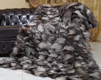 Luxurious real frost natural  fox fur throw blanket large area rug brown silver genuine ethically farmed organic fur scandinavian decor