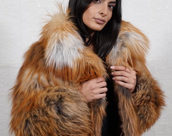Gold Natural Fox Fur Coat Jacket with collar Women Luxury Real Full Skin Handmade Genuine Fur Winter Coat Gift for Her