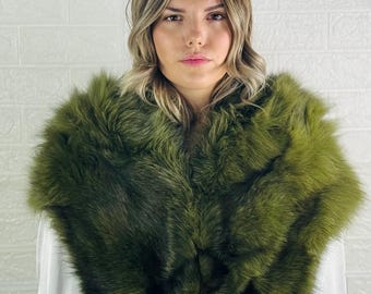 Green fox fur stole large, handmade warm fur collar scarf, elegant soft fur shawl for your special day