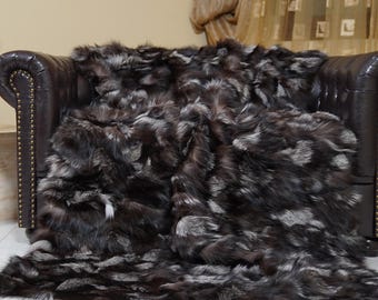 Real Natural silver fox fur throw blanket luxury real fur bedspread handmade genuine fur sofa accent housewarming gift