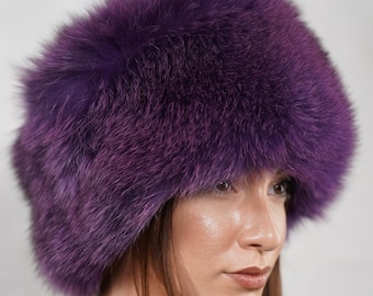 Purple fox fur full skin hat elegant warm winter accessory for cold weather
