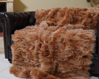 Camel brown fox fur throw blanket luxury real fur bedspread handmade genuine fur sofa accent housewarming gift