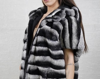 Rex Rabbit fur cape coat jacket with hood in chinchilla print luxurious winter style for women fur wrap gift for her