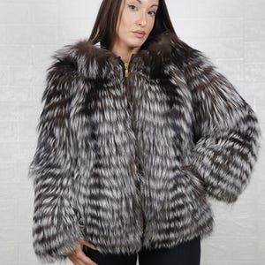 Fox fur silver coat jacket with hood for women personalized stylish winter fur fashion