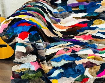 Multicolor Rex rabbit fur throw blanket luxurious bedspread rabbit fur rug for living room and bed decor