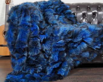 Elegant blue with black brown fox fur throw blanket handmade real fur luxury bedspread sofa cover plush soft home decor gift