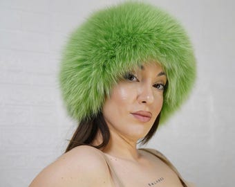 Gorgeous Green fox fur headband handmade luxury real fur ear warmer women winter accessory adjustable statement gift for her