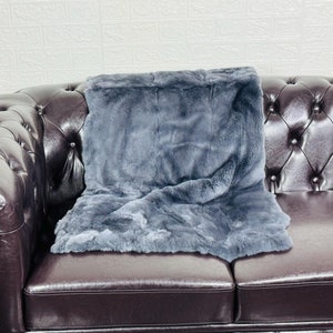 Real DOUBLE SIDED Grey Full Skin Rex Rabbit Fur Blanket Throw • Handmade Fur Sofa Cover n Bedspread • Vintage Rabbit fur Throw Blanket
