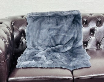 Real DOUBLE SIDED Grey Full Skin Rex Rabbit Fur Blanket Throw • Handmade Fur Sofa Cover n Bedspread • Vintage Rabbit fur Throw Blanket