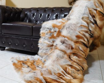 Red canadian fox fur throw blanket unique design handmade luxury real fur bedspread sofa cover housewarming gift