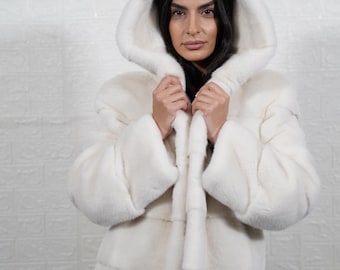 White Mink Fur Jacket with Hood Handmade Real Fur Women Winter Coat Gift for Her