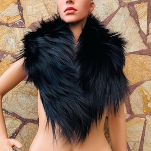 Black fox fur collar scarf for women and men, wrap detachable fur fluffy neckwarmer, winter statement fur stole, gift for her
