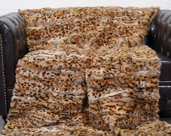 Gorgeous rabbit fur throw blanket leopard print handmade real fur luxury bedspread sofa cover plush fur rug home decor housewarming gift