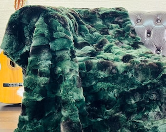 DOUBLE SIDED Green Black rex rabbit fur throw blanket soft sofa bed accent and rug