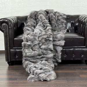 Real DOUBLE SIDED Fur Blanket Gray • Personalized Fox Fur Blanket Throw • Handmade Genuine Fur Blanket • Fur Bedspread n Sofa Cover