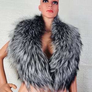 Silver fox fur scarf collar, fluffy detachable winter neckwarmer, fur stole wrap, perfect gift for her