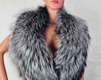 Silver fox fur scarf collar, fluffy detachable winter neckwarmer, fur stole wrap, perfect gift for her