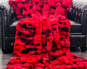 Rex Rabbit Fur Throw Blanket Red Black Spots Soft Luxury Real Fur Sofa Bed Accent Rug Handmade Home Decor Housewarming Gift