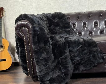 Real DOUBLE SIDED Rabbit Fur Blanket Throw Black • Personalized Handmade Fur Sofa Cover n Bedspread • Vintage Rabbit fur Throw Blanket