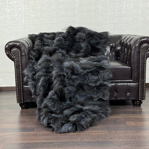 Real DOUBLE SIDED Fur Blanket Dark Grey Blue • Personalized Fox Fur Blanket Throw• Handmade Genuine Fur Blanket • Fur Bedspread n Sofa Cover
