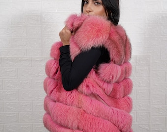Fox fur full skin vest pink with leather lines handmade luxury real fur women statement fashion