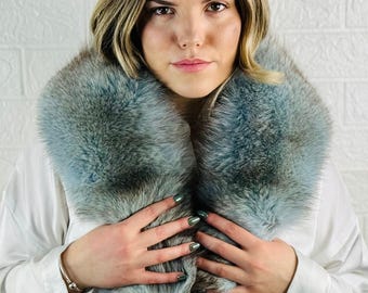 Light blue fox fur collar scarf handmade luxury real fur shawl for women accessory winter fashion stole