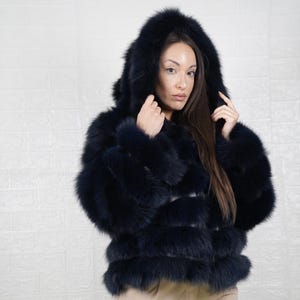 Fox fur blue coat jacket short with hood for women and leather lines between fox personalized stylish winter fur fashion