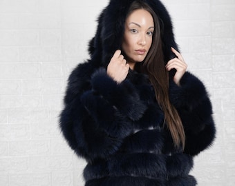 Fox fur blue coat jacket short with hood for women and leather lines between fox personalized stylish winter fur fashion