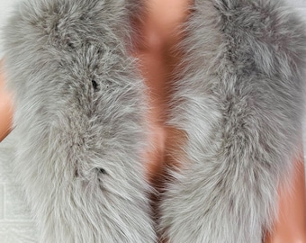 Elegant gray soft fox fur collar scarf, detachable fluffy fur wrap, luxury warm fur stole