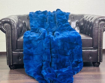 Luxurious Rex Rabbit Fur Blanket Throw Blue •  Personalized  Handmade Fur Sofa Cover n Bedspread • Vintage Rabbit fur Throw Blanket