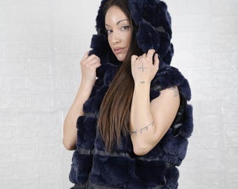 Rabbit fur blue vest jacket with hood for women and leather lines between rex rabbit personalized stylish winter fur fashion