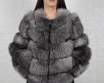 Silver fox fur coat jacket for women with leather detailing, personalized winter fashion, perfect gift for her