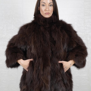 Brown fox fur jacket coat for women with collar, chic winter fur elegance, fashionable gift for her