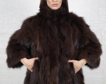 Brown fox fur jacket coat for women with collar, chic winter fur elegance, fashionable gift for her