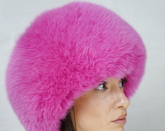 GORGEOUS Real Fox Fur Hat Fuchsia- Handcrafted Elegance for Winter Chic - Ethically and Organically Farmed Fox Fur